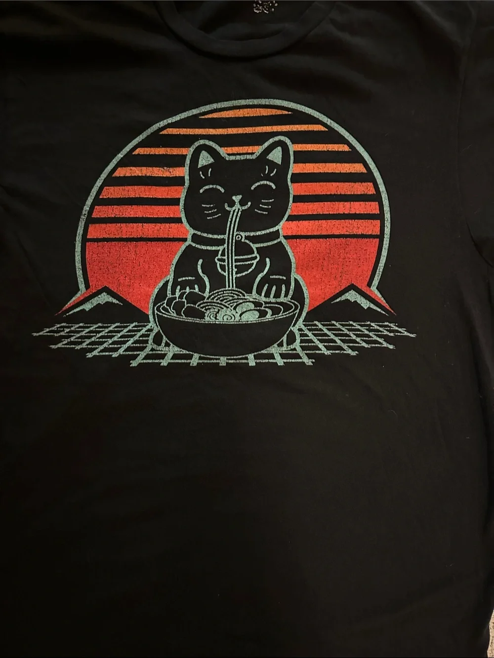 Ramen Noodle Cat Black Tee with Teal Cat & Orange Sunset Graphic